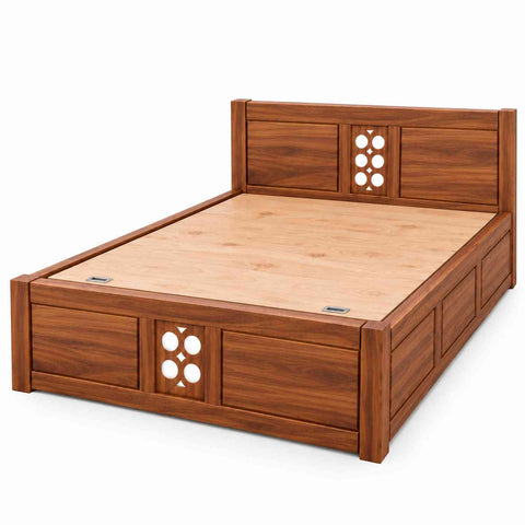Monstro Solid Sheesham Wood Hydraulic Bed With Box Storage (Queen Size, Natural Finish)