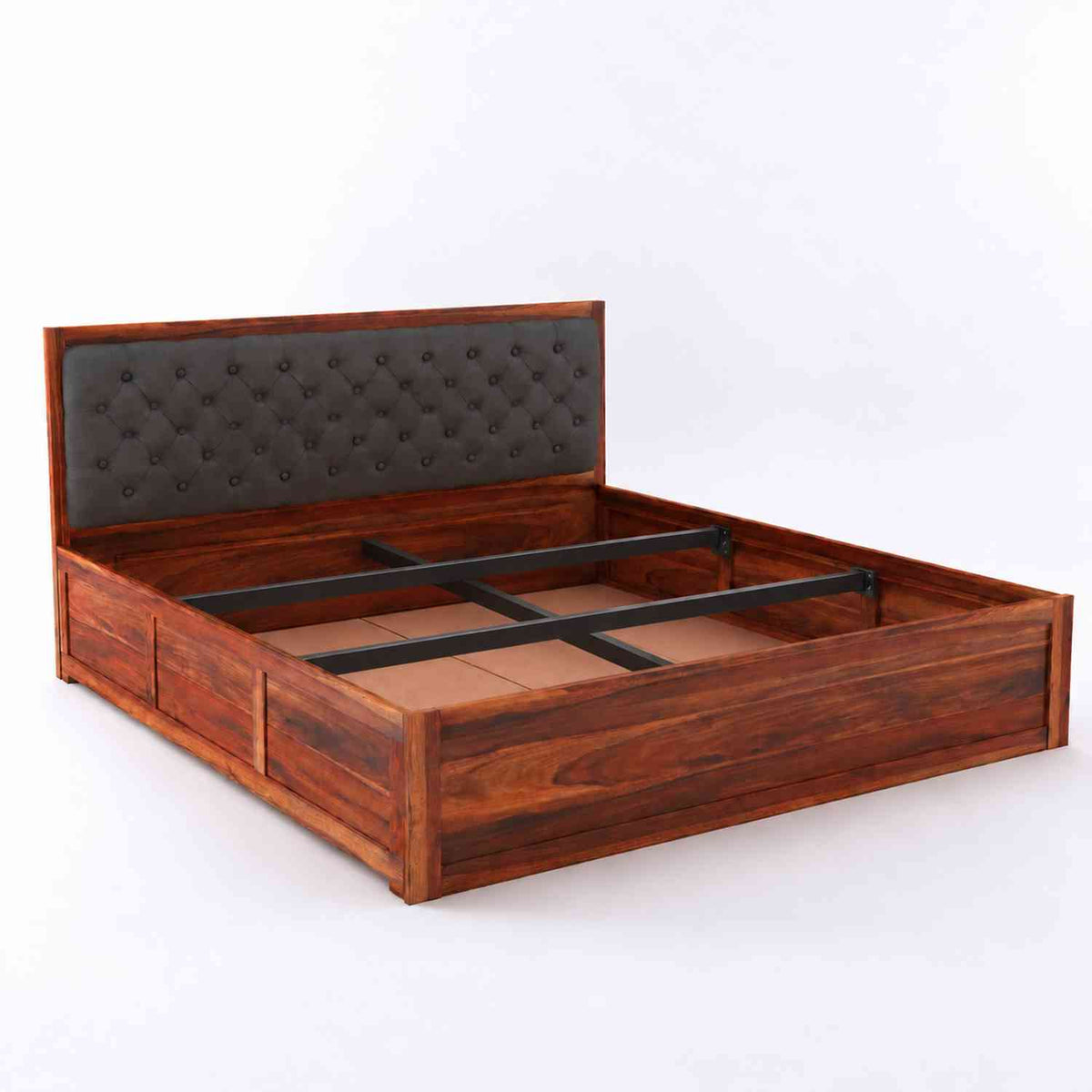 Elementra Solid Sheesham Wood Bed With Box Storage (Queen Size, Natural Finish)