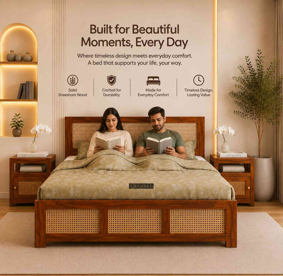 Canejoy Solid Sheesham Wood Bed With Box Storage 3 Blocks (King Size, Natural Finish)