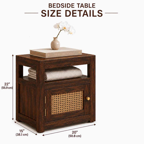 Canejoy Solid Sheesham Wood Bedside Table With 1 Door (Walnut Finish)