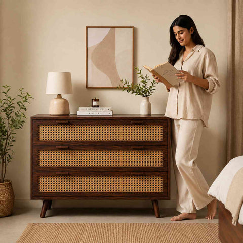 Canejoy Solid Sheesham Wood Chest of Drawers (Walnut Finish)