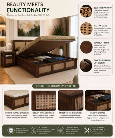 Canejoy Solid Sheesham Wood Hydraulic Bed With Box Storage 3 Blocks (Queen Size, Walnut Finish)
