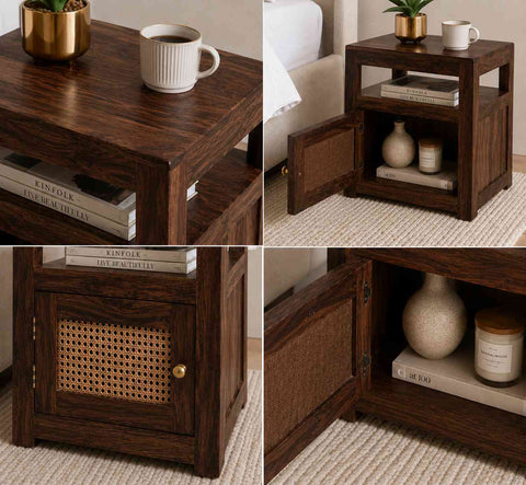 Canejoy Solid Sheesham Wood Bedside Table With 1 Door (Walnut Finish)