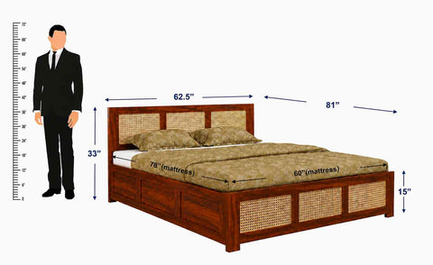 Canejoy Solid Sheesham Wood Bed With Box Storage 3 Blocks (Queen Size, Natural Finish)
