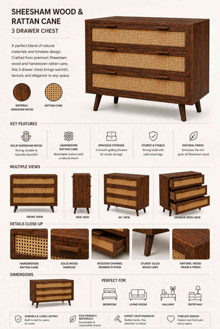Canejoy Solid Sheesham Wood Chest of Drawers (Walnut Finish)