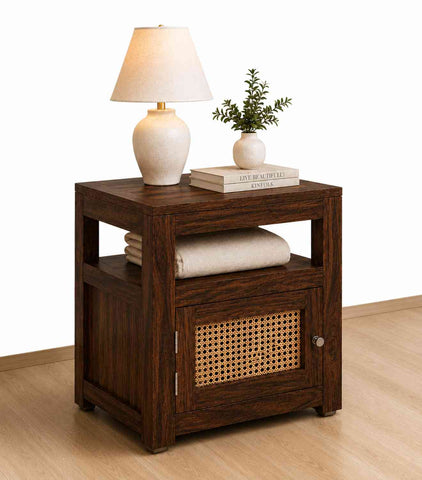 Canejoy Solid Sheesham Wood Bedside Table With 1 Door (Walnut Finish)