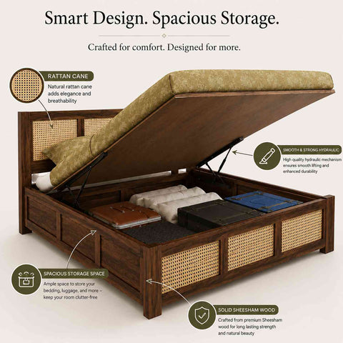 Canejoy Solid Sheesham Wood Hydraulic Bed With Box Storage 3 Blocks (Queen Size, Walnut Finish)