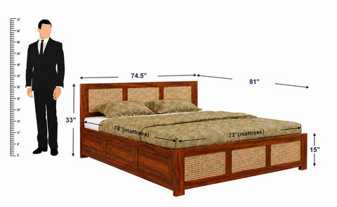 Canejoy Solid Sheesham Wood Bed With Box Storage 3 Blocks (King Size, Natural Finish)