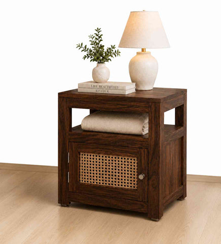 Canejoy Solid Sheesham Wood Bedside Table With 1 Door (Walnut Finish)