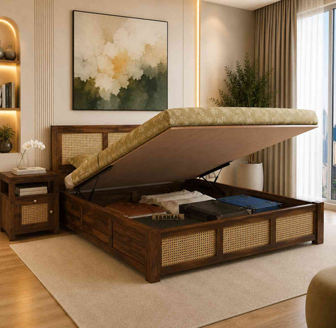 Canejoy Solid Sheesham Wood Hydraulic Bed With Box Storage 3 Blocks (Queen Size, Walnut Finish)