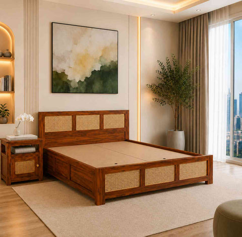 Canejoy Solid Sheesham Wood Bed With Box Storage 3 Blocks (Queen Size, Natural Finish)