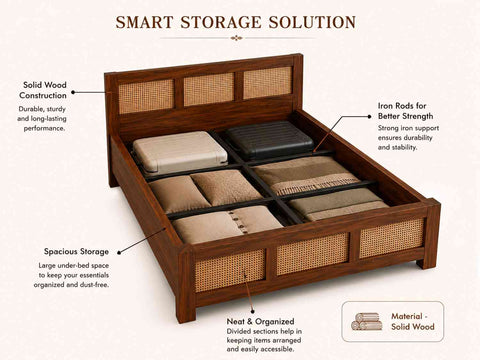 Canejoy Solid Sheesham Wood Bed With Box Storage 3 Blocks (King Size, Natural Finish)