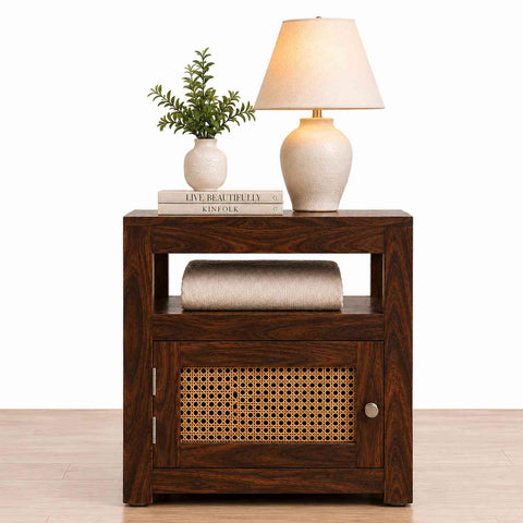 Canejoy Solid Sheesham Wood Bedside Table With 1 Door (Walnut Finish)