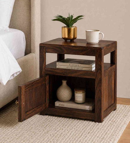 Canejoy Solid Sheesham Wood Bedside Table With 1 Door (Walnut Finish)