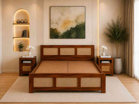 Canejoy Solid Sheesham Wood Bed With Box Storage 3 Blocks (King Size, Natural Finish)