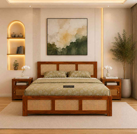 Canejoy Solid Sheesham Wood Bed With Box Storage 3 Blocks (King Size, Natural Finish)
