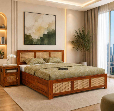 Canejoy Solid Sheesham Wood Bed With Box Storage 3 Blocks (Queen Size, Natural Finish)