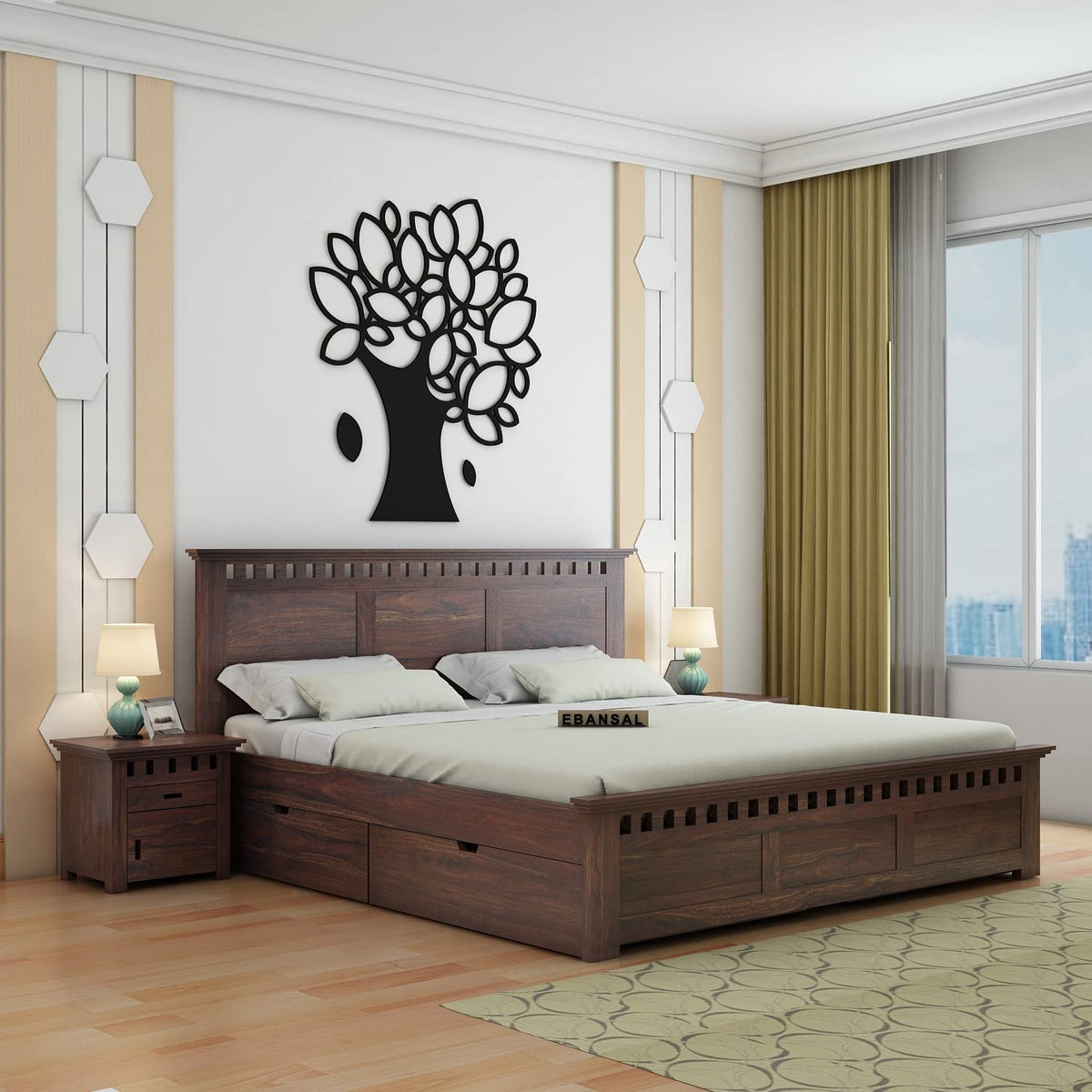 Amer Solid Sheesham Wood Bed With Four Drawers With Customization (King Size, Walnut Finish)