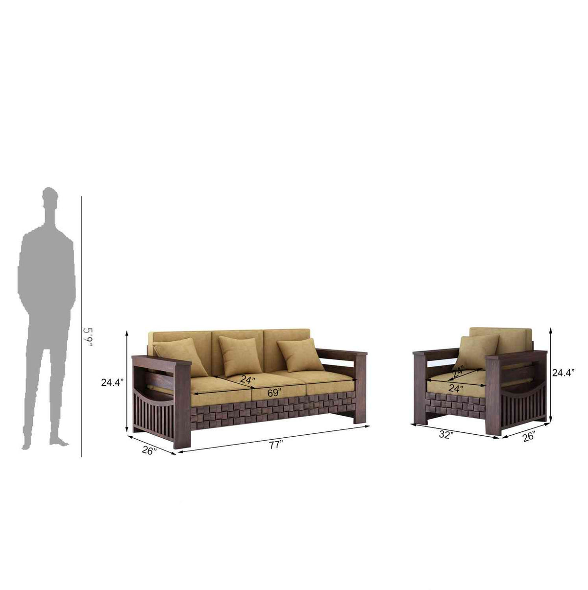 Olivia Solid Sheesham Wood 5 Seater Sofa Set With Coffee Table (3+1+1, Walnut Finish)