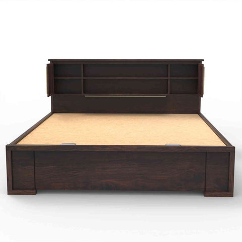 Feelinn Solid Sheesham Wood Hydraulic Bed With Box Storage (Queen Size, Walnut Finish)
