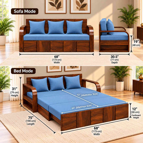 Mobell Solid Sheesham Wood 3 Seater Sofa Cum Bed (Walnut Finish, Sky Blue)