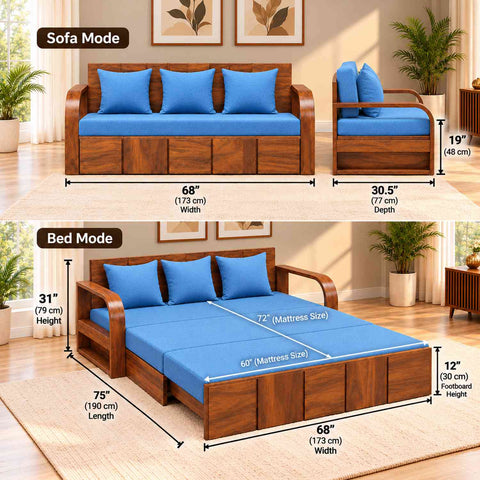 Mobell Solid Sheesham Wood 3 Seater Sofa Cum Bed (Natural Finish, Sky Blue)