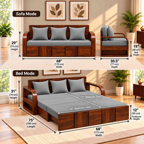 Mobell Solid Sheesham Wood 3 Seater Sofa Cum Bed (Walnut Finish, Light Grey)