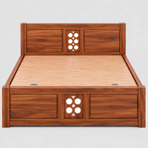Monstro Solid Sheesham Wood Hydraulic Bed With Box Storage (King Size, Natural Finish)