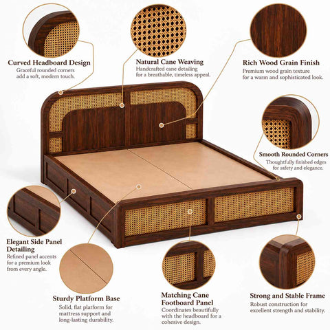 Canejoy Solid Sheesham Wood Bed With Box Storage (Queen Size, Walnut Finish, Design 3)