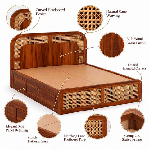Canejoy Solid Sheesham Wood Bed With Box Storage (Queen Size, Natural Finish, Design 3)