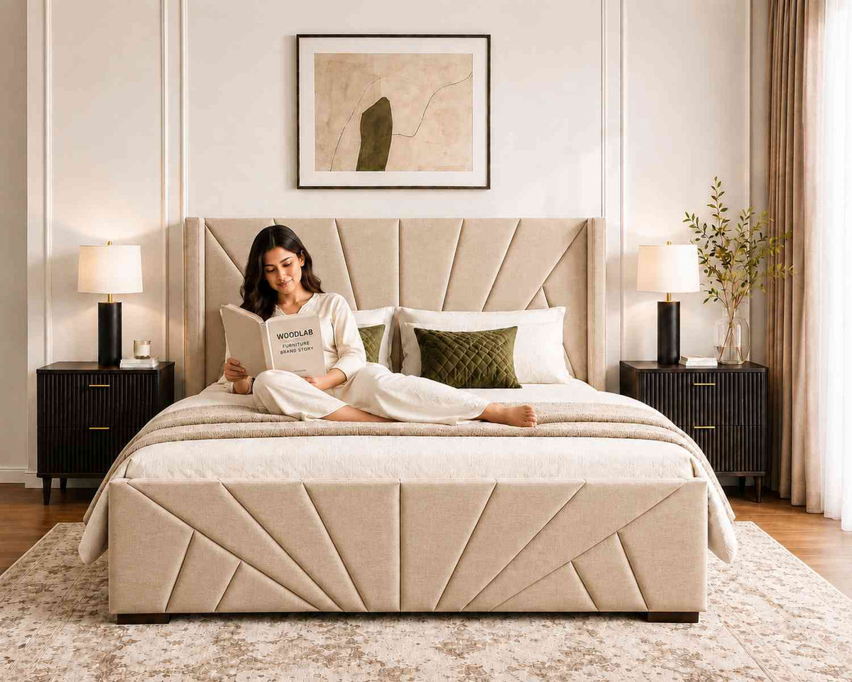 Embrace Premium Fabric Bed With Box Storage (Queen Size, Beige)