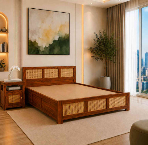 Canejoy Solid Sheesham Wood Hydraulic Bed With Box Storage 3 Blocks (Queen Size, Natural Finish)