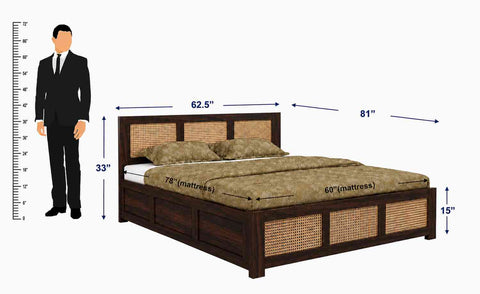 Canejoy Solid Sheesham Wood Bed With Box Storage 3 Blocks (Queen Size, Walnut Finish)