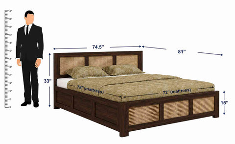 Canejoy Solid Sheesham Wood Bed With Box Storage 3 Blocks (King Size, Walnut Finish)