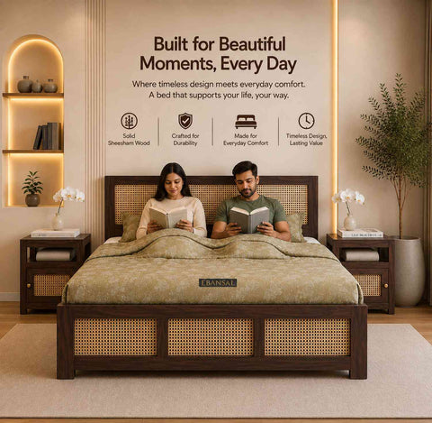 Canejoy Solid Sheesham Wood Bed With Box Storage 3 Blocks (Queen Size, Walnut Finish)