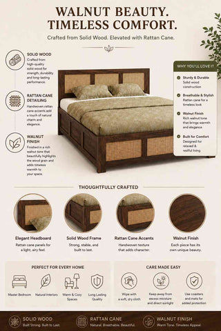Canejoy Solid Sheesham Wood Bed With Box Storage 3 Blocks (Queen Size, Walnut Finish)