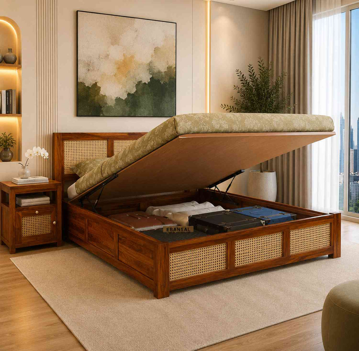 Canejoy Solid Sheesham Wood Hydraulic Bed With Box Storage 3 Blocks (Queen Size, Natural Finish)