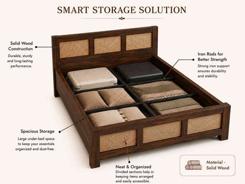 Canejoy Solid Sheesham Wood Bed With Box Storage 3 Blocks (Queen Size, Walnut Finish)