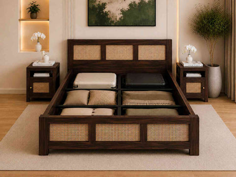 Canejoy Solid Sheesham Wood Bed With Box Storage 3 Blocks (King Size, Walnut Finish)