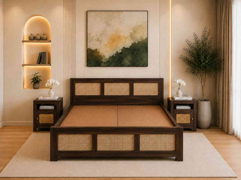 Canejoy Solid Sheesham Wood Bed With Box Storage 3 Blocks (King Size, Walnut Finish)