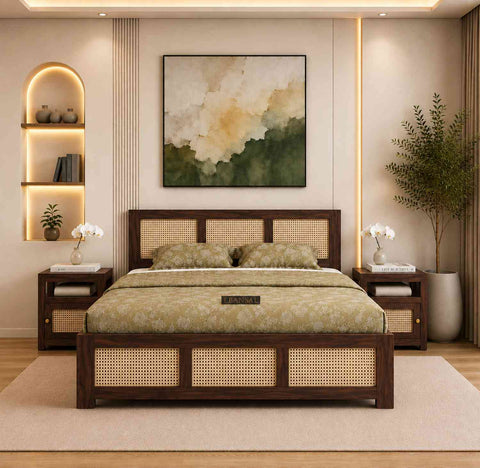 Canejoy Solid Sheesham Wood Bed With Box Storage 3 Blocks (Queen Size, Walnut Finish)