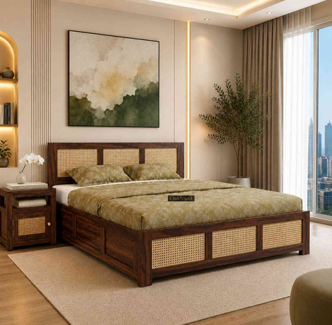 Canejoy Solid Sheesham Wood Bed With Box Storage 3 Blocks (Queen Size, Walnut Finish)