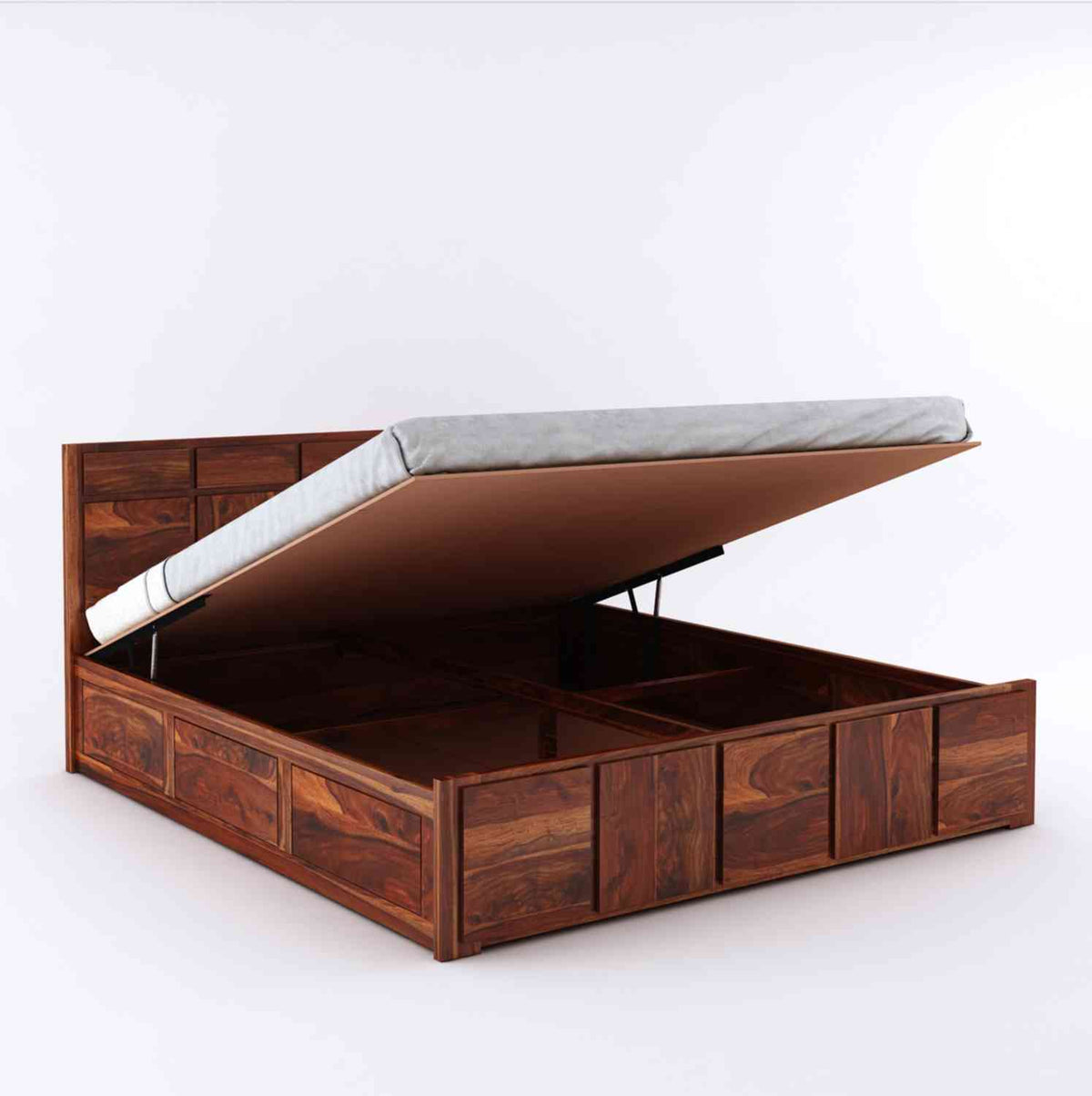 Mobell Solid Sheesham Wood Hydraulic Bed With Box Storage (King Size, Natural Finish)