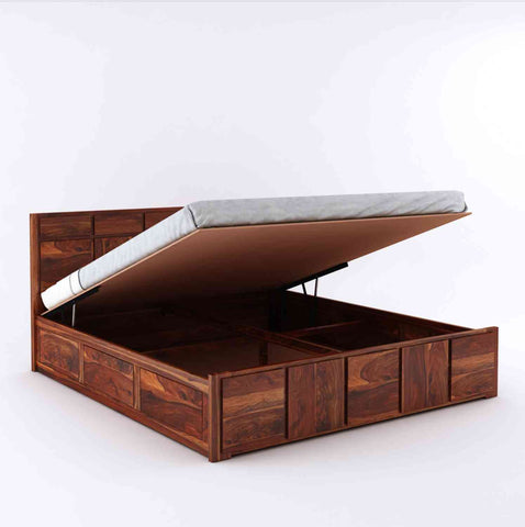Mobell Solid Sheesham Wood Hydraulic Bed With Box Storage (King Size, Natural Finish)
