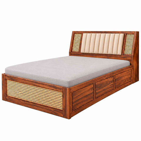 Canejoy Solid Sheesham Wood Single Bed With Box Storage (Natural Finish)