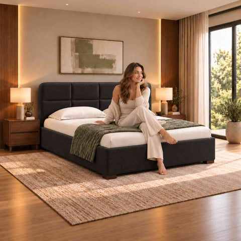 Resilience Premium Fabric Bed With Box Storage (Queen Size, Charcoal Black)