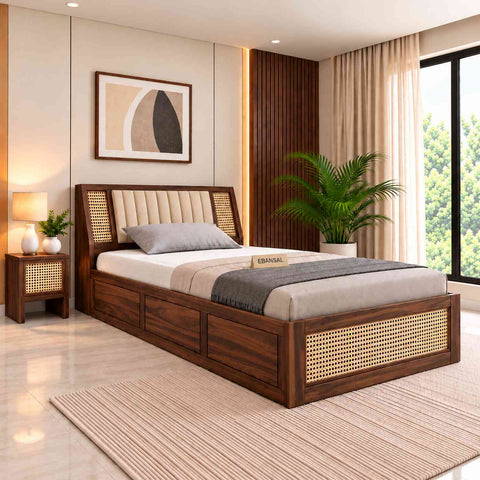 Canejoy Solid Sheesham Wood Single Bed With Box Storage (Walnut Finish)
