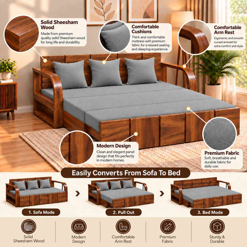 Mobell Solid Sheesham Wood 3 Seater Sofa Cum Bed (Natural Finish, Light Grey)
