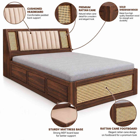 Canejoy Solid Sheesham Wood Single Bed With Box Storage (Walnut Finish)