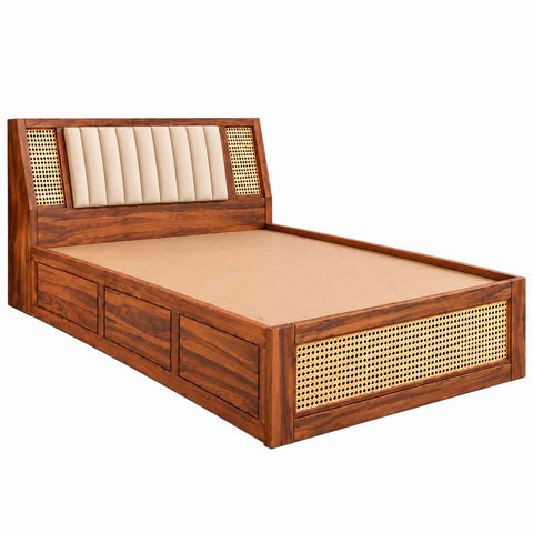 Canejoy Solid Sheesham Wood Single Bed With Box Storage (Natural Finish)